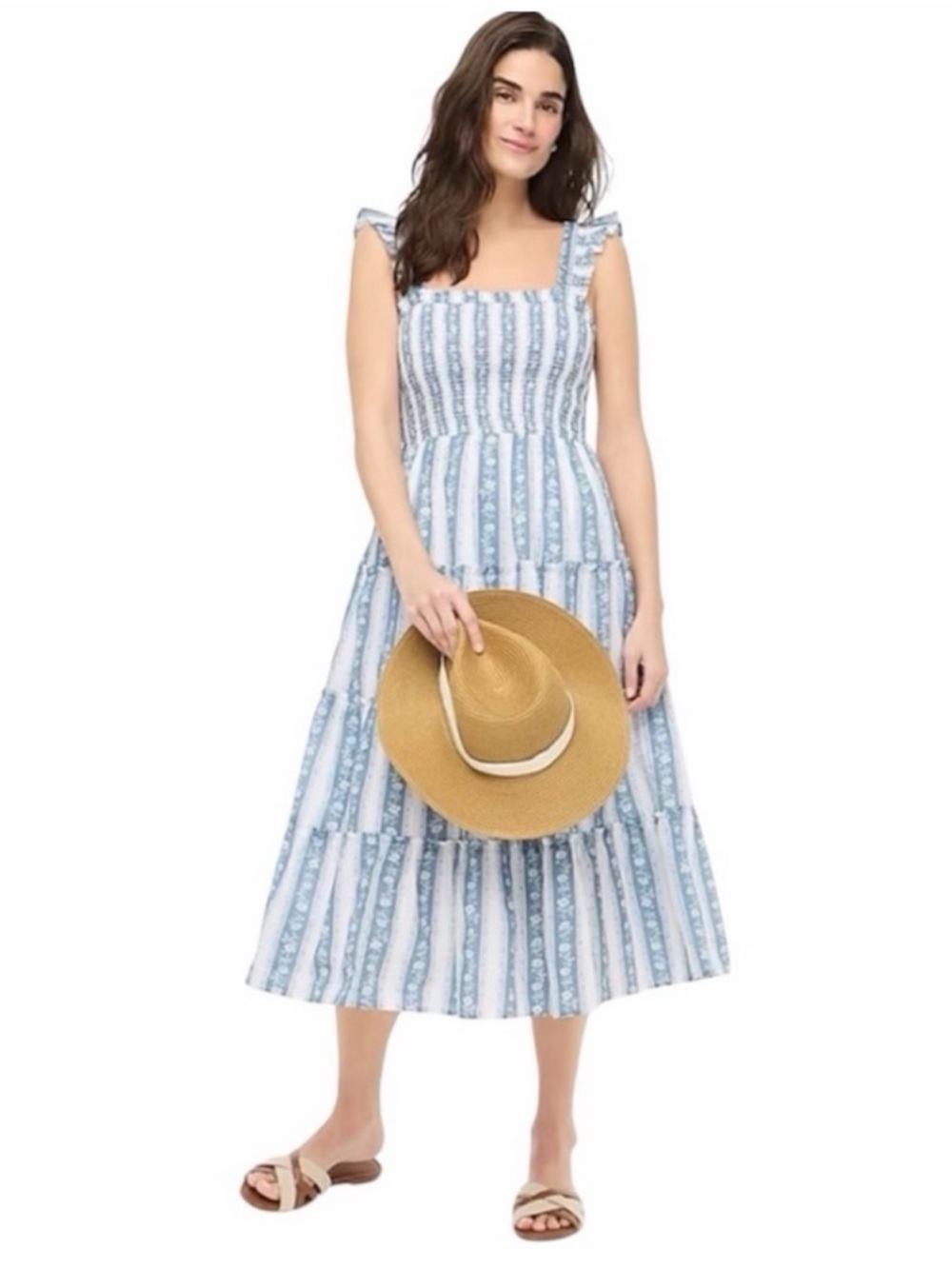 J. Crew White Seaside Striped Smocked Midi Dress Tyrolean Print Summer Size XL